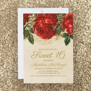 Invitation Élégantes roses rouges Tan Sweet 16 Anniversaire
