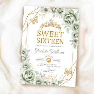 Invitation Élégantes Roses Vert Sauge Or Sweet 16