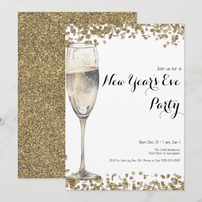 Invitation Élégantes Séquines Or Nouvel An Eve Champagne (Devant / Derrière)