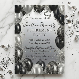 Invitation Élégants Ballons Noirs et Argent pour une Fête de