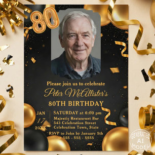 Invitation Élégants Ballons Noirs et Dorés Photo 80e Annivers