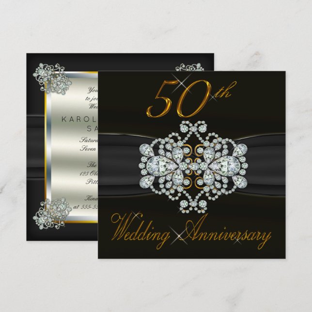 Invitation Élégants Diamants 50e Anniversaire de Mariage en O (Devant / Derrière)