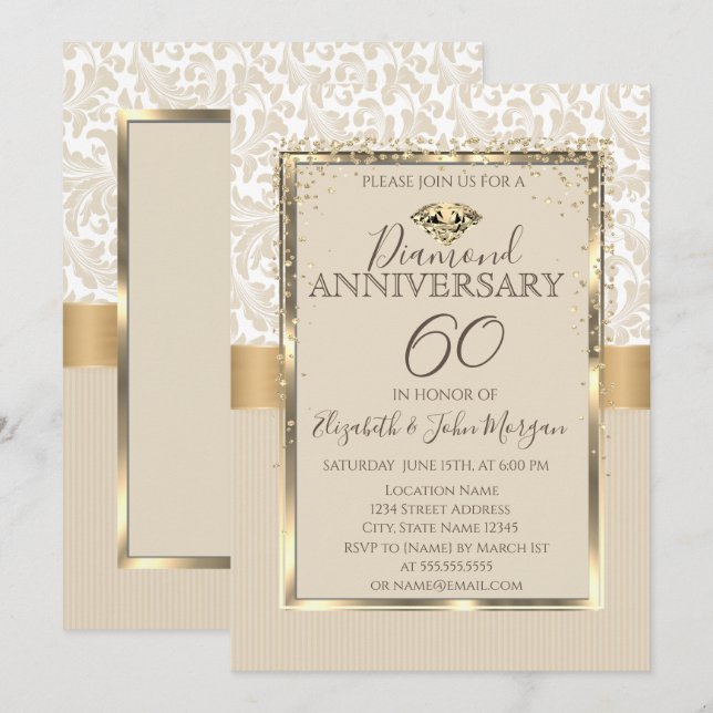 Invitation Élégants diamants damassés cadre mariage anniversa (Devant / Derrière)