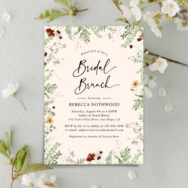 Invitation Élégants Fleurs sauvages en Blush Pink Bridal Brun (Créateur téléchargé)
