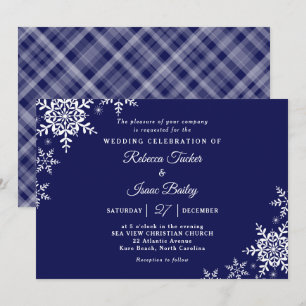Invitation Élégants flocons de neige à carreaux mariage bleu