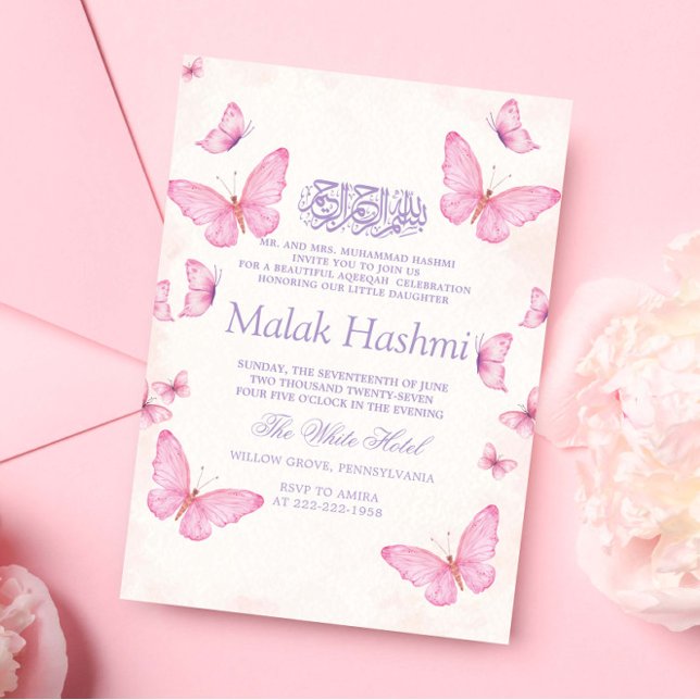 Invitation Élégants papillons Baby GirI Aqiqa islamique (Créateur téléchargé)