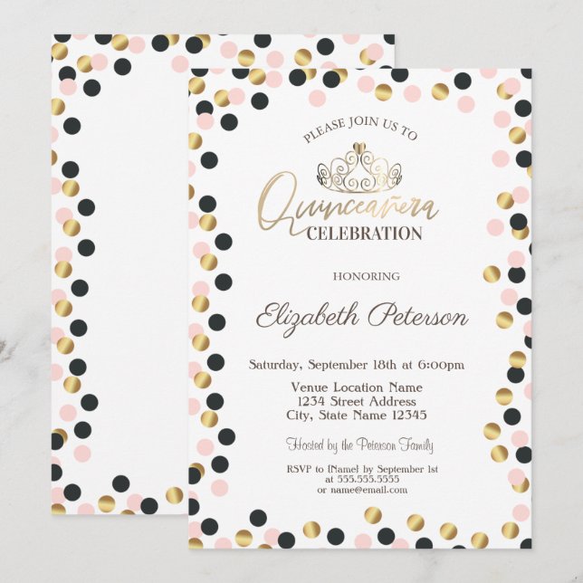 Invitation Elégants points d'or, Tiara, Quinceañera (Devant / Derrière)