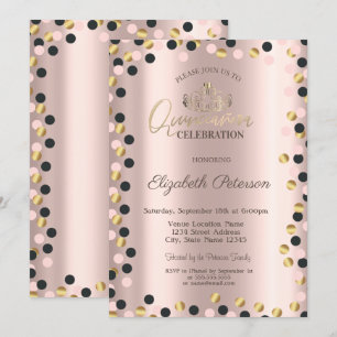 Invitation Elégants points d'or, Tiara, Rose or Quinceañera I