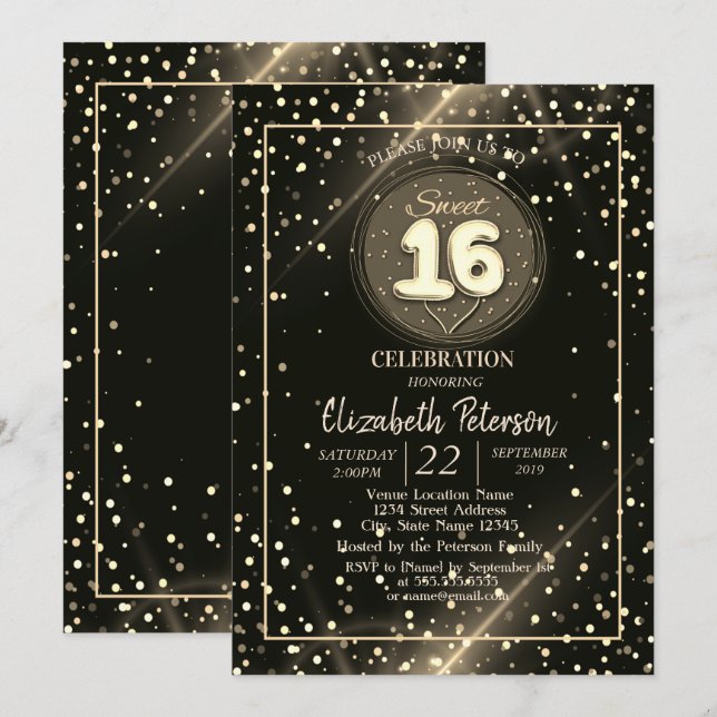 Invitation Élégants points dorés, Fête pour 16 ans douce (Devant / Derrière)
