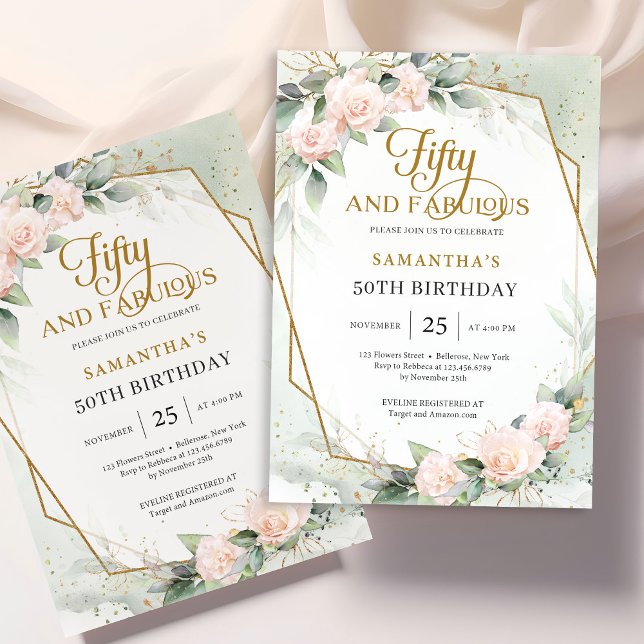 Invitation Elégants roses blush et eucalyptus et cadre or (Amazing blush roses mixed eucalyptus woven gold frame fifty and fabulous invitation)