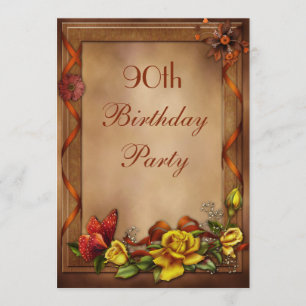 Invitation Élégants Roses et papillons 90e anniversaire