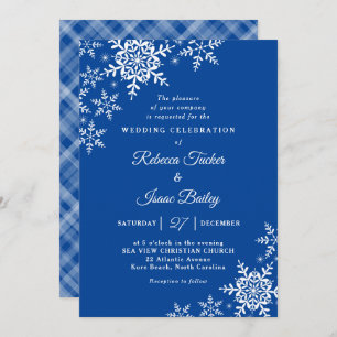 Invitation Élégants Snowflakes Plaid Mariage bleu profond
