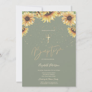 Invitation Élégants Tournesols Croix Or Baptême Vert Sauge