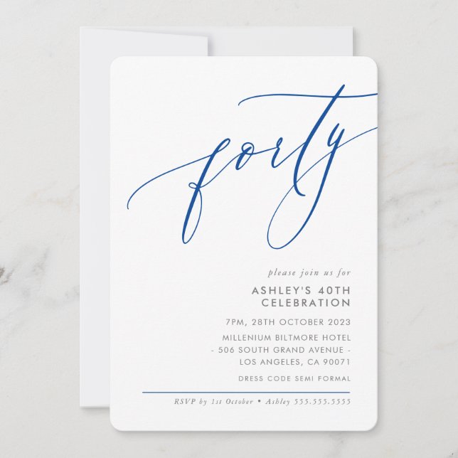 Invitation ELELGANT Calligraphie moderne 40e fête bleu royal (Devant)