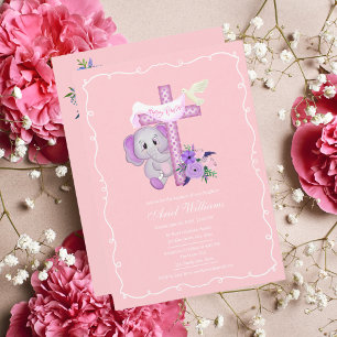 Invitation Élément de bébé rose éléphant avec colombe et bapt