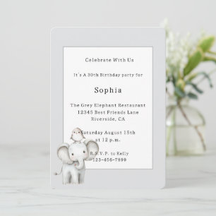 Invitation Élément gris éléphant et oiseau d'anniversaire
