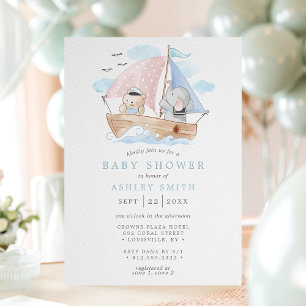 Invitation Élément Marin Éléphant Ours Aquarelle Bateau Baby