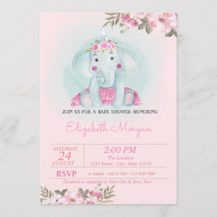 Invitation Élémentaire éléphant, Couronne florale Baby Shower
