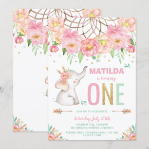 Invitation Eléphant 1er anniversaire Boho rose florale fille