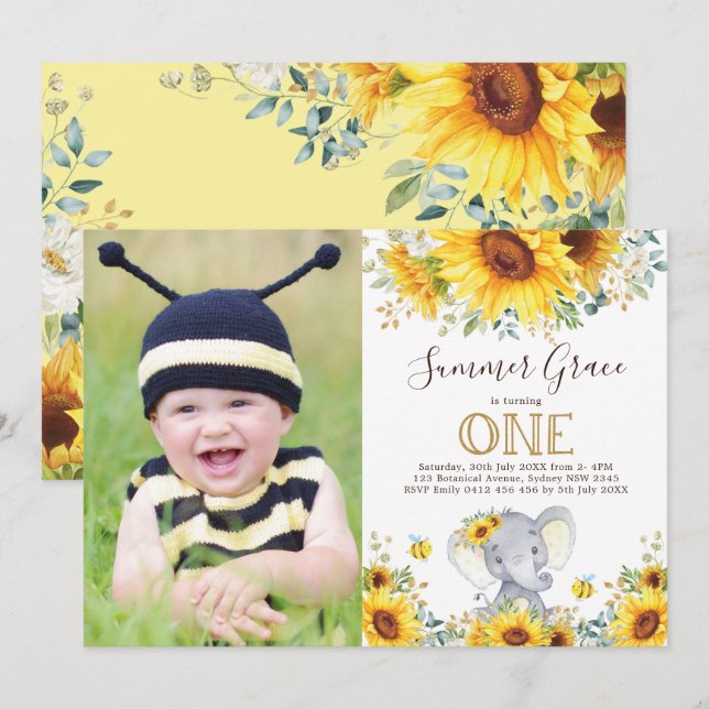 Invitation Eléphant 1er anniversaire Sunflower Gold Green (Devant / Derrière)