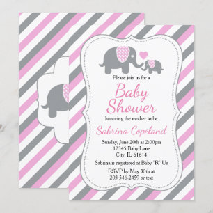 Invitation Eléphant à rayures rose et gris BABY SHOWER
