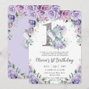 Invitation Eléphant adorable à fleurs mauve 1er anniversaire
