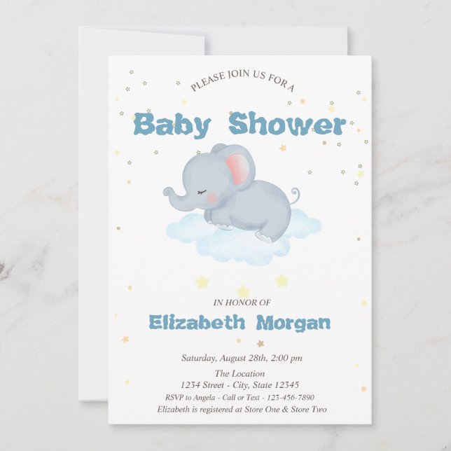 Invitation Eléphant adorable, Nuages, Baby shower des étoiles (Devant)