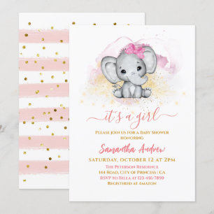 Invitation Eléphant adorable Rose or bébé fille douche