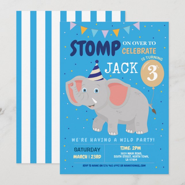 Invitation Elephant Anniversaire de enfant Wild Fun Invitatio (Devant / Derrière)
