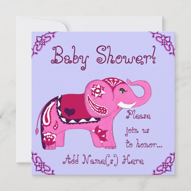 Invitation Eléphant au henné (rose/violet) (Baby shower) (Devant)