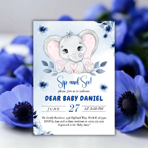 Invitation Éléphant avec anémones bleues aquarelle Sip And Se
