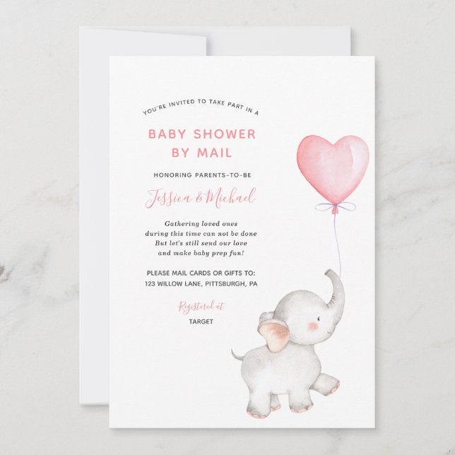 Invitation Eléphant avec Baby shower à ballets roses par cour (Devant)