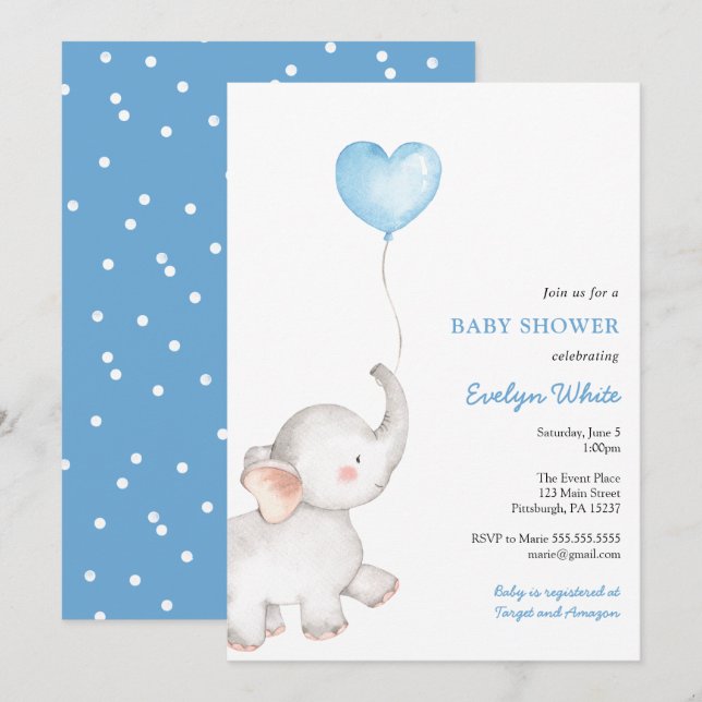 Invitation Eléphant avec Baby shower Bleu (Devant / Derrière)