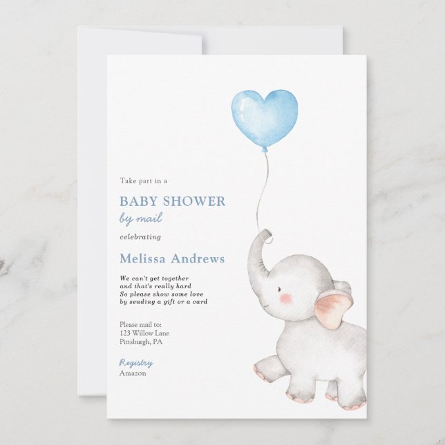 Invitation Eléphant avec Baby shower bleu à bulle par courrie (Devant)