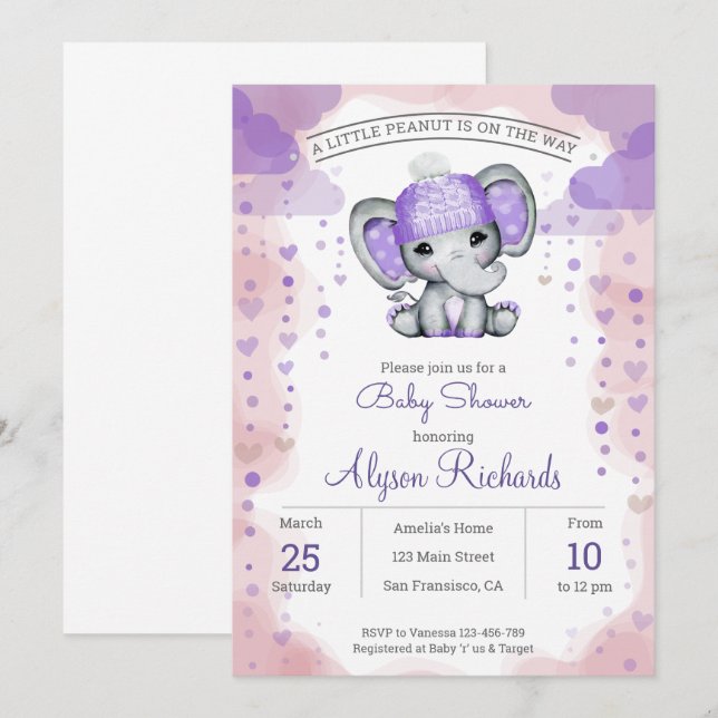 Invitation Eléphant avec chapeau violet Baby Shower Invitatio (Devant / Derrière)
