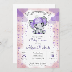 Invitation Eléphant avec chapeau violet Baby Shower Invitatio