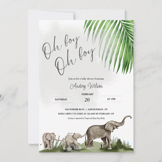 Invitation Elephant Baby shower jumeaux garçons bébé (Devant)