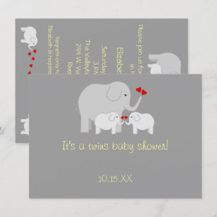 Invitation Eléphant Baby shower jumeaux Genre Neutre