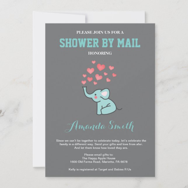 Invitation Elephant Baby shower par Mail Aqua et Grey (Devant)