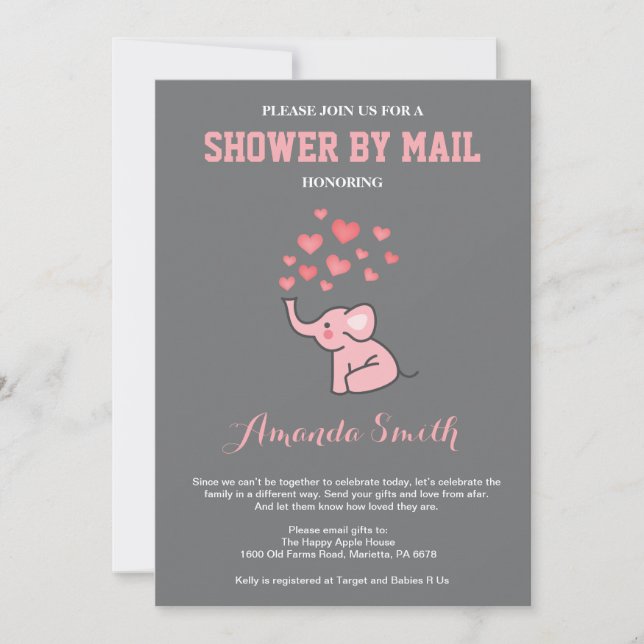 Invitation Eléphant Baby shower par Mail Pink et Grey (Devant)