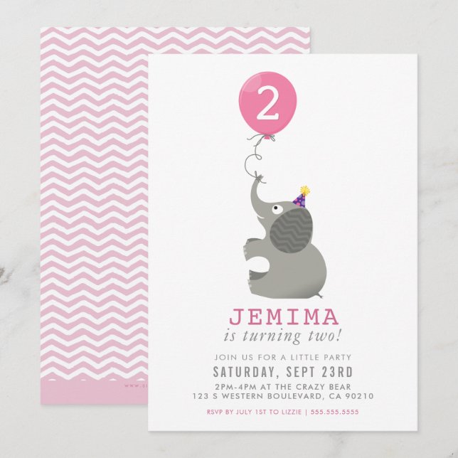 Invitation ELEPHANT & BALLOON mignon fête d'anniversaire invi (Devant / Derrière)