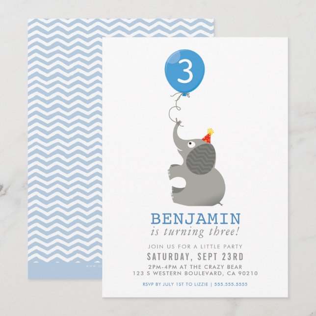 Invitation ELEPHANT & BALLOON mignon fête d'anniversaire invi (Devant / Derrière)