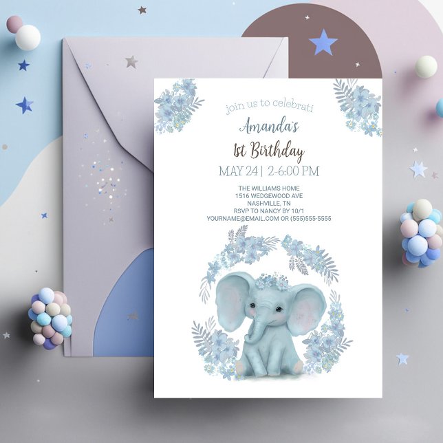Invitation Eléphant Bébé bleu mignon (Créateur téléchargé)