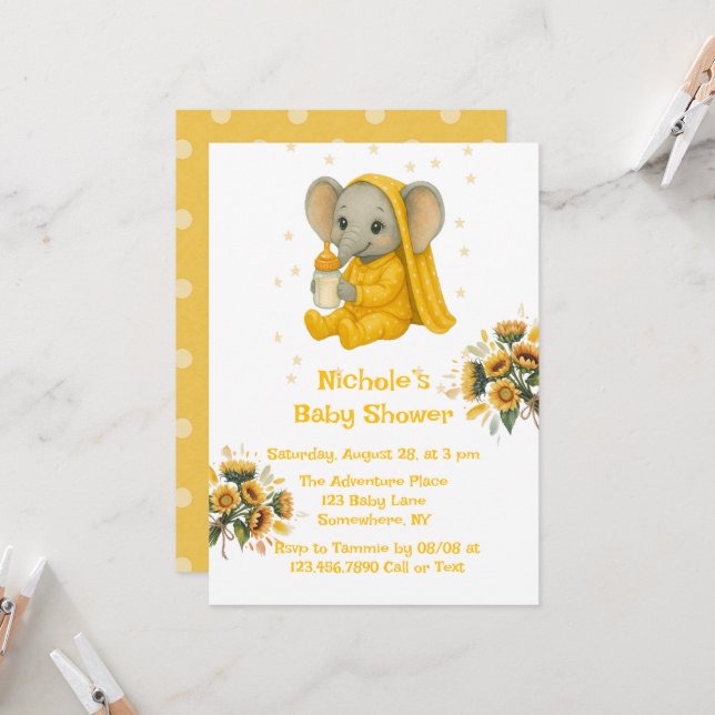 Invitation Elephant bébé dans le Baby shower de pyjama jaune (Devant/Arrière en situation)
