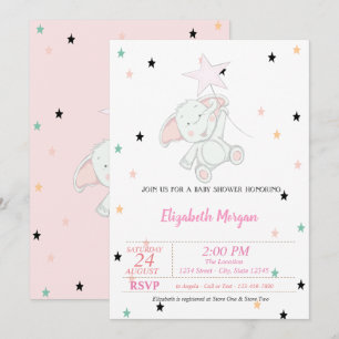 Invitation Éléphant Bébé, Étoiles Baby Shower