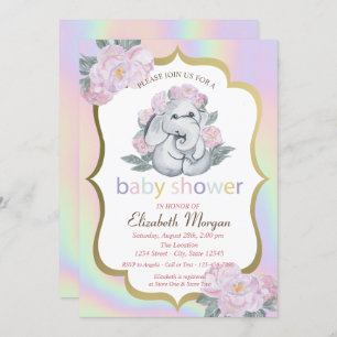 Invitation Eléphant bébé, Floral, Baby shower holographique