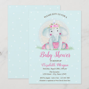 Invitation Eléphant bébé mignon, Baby shower de points bleus