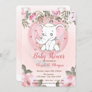 Invitation Eléphant Bébé mignon, Baby shower Floral