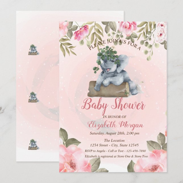 Invitation Eléphant Bébé mignon, Baby shower Floral (Devant / Derrière)