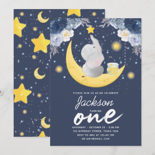 Invitation Eléphant bébé sur la lune Premier anniversaire